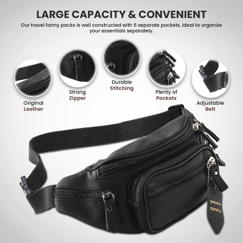 Riñonera multifunción de cuero genuino para hombres y mujeres, múltiples bolsillos y cremalleras resistentes, ideal para senderismo, correr y ciclismo