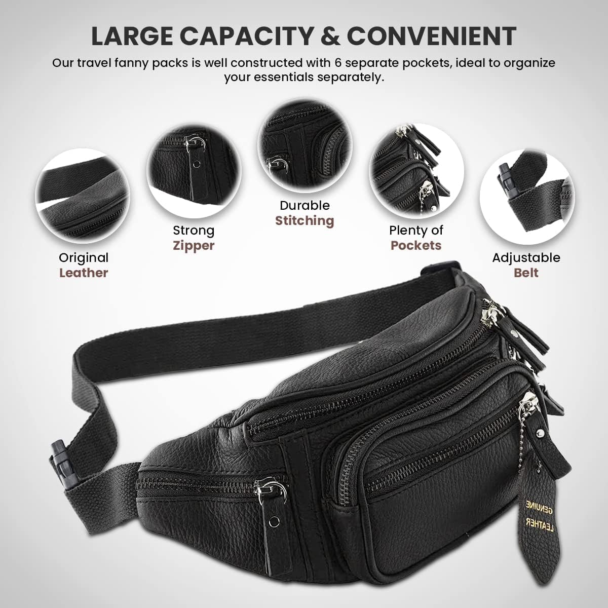 Riñonera multifunción de cuero genuino para hombres y mujeres, múltiples bolsillos y cremalleras resistentes, ideal para senderismo, correr y ciclismo
