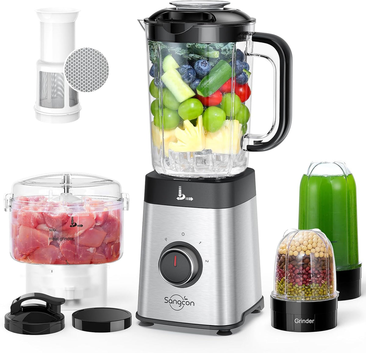 Sangcon Licuadoras y Combo de Procesador de Alimentos para Cocina, Licuadora de 5 en 1 para Batidos y Suave, Carne Picada, Molienda y más, Jarra de 40 oz y Taza de 17 oz con Tapa Para Llevar, Acero