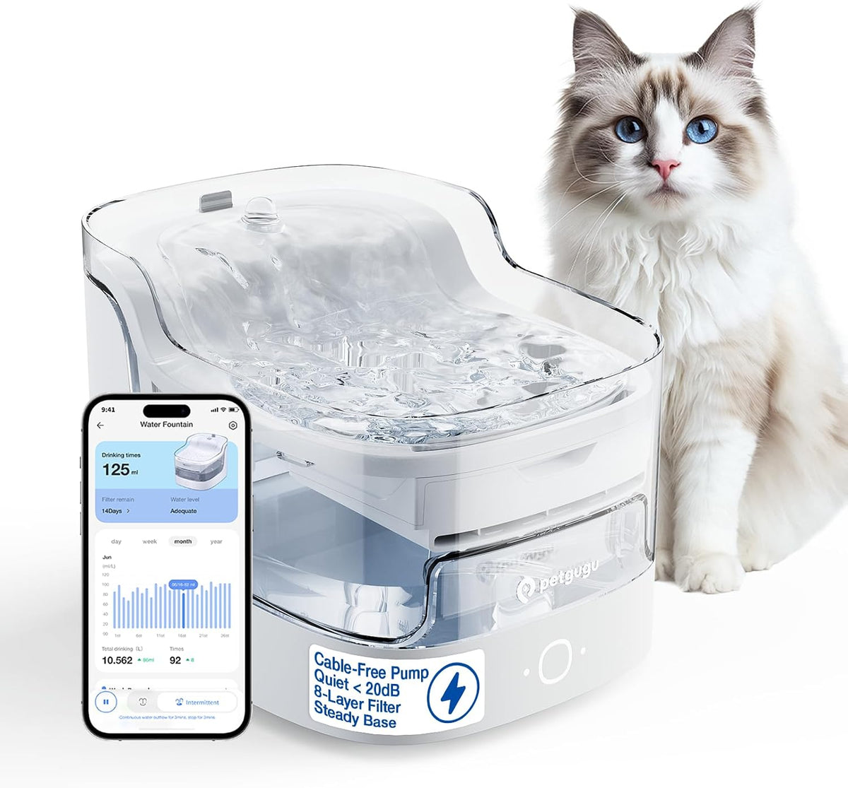 PETGUGU Fuente de agua para gatos de 2L/68 oz Fuente inalámbrica para