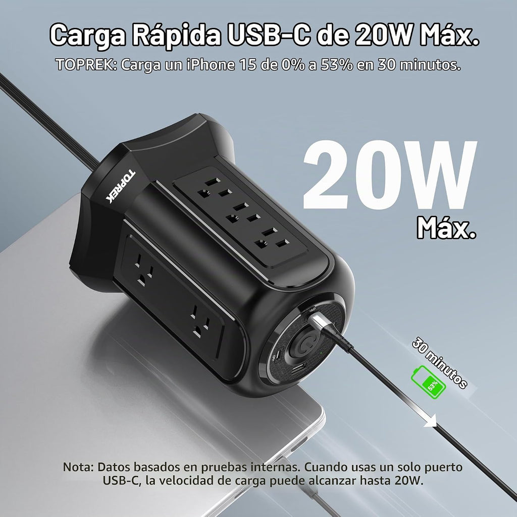 Regleta protectora contra sobretensiones de torre 2100J - 10 tomacorrientes, 2 USB-C (20 W PD), 2 USB-A, cable de extensión de enchufe plano de 6.5 pies para oficina en casa, dormitorio, escritorio