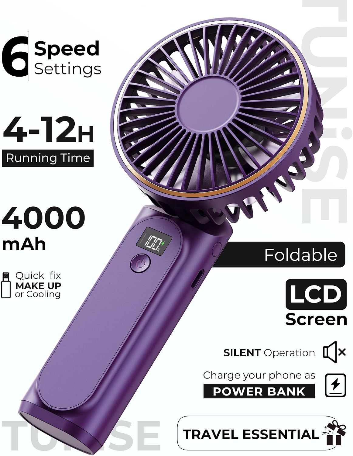 TUNISE Ventilador portátil de mano, 4000mAh, 180 ajustable, 6 veloc...