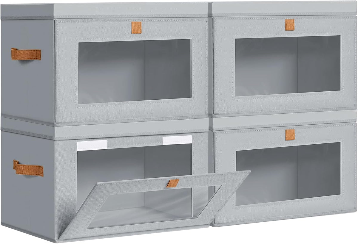 DIMJ Contenedores de almacenamiento con tapas, paquete de 4 organizadores grandes de tela con ventana y asas, cajas de almacenamiento decorativas plegables para estantes debajo de la cama, libros, ropa, mantas, suéteres y organización
