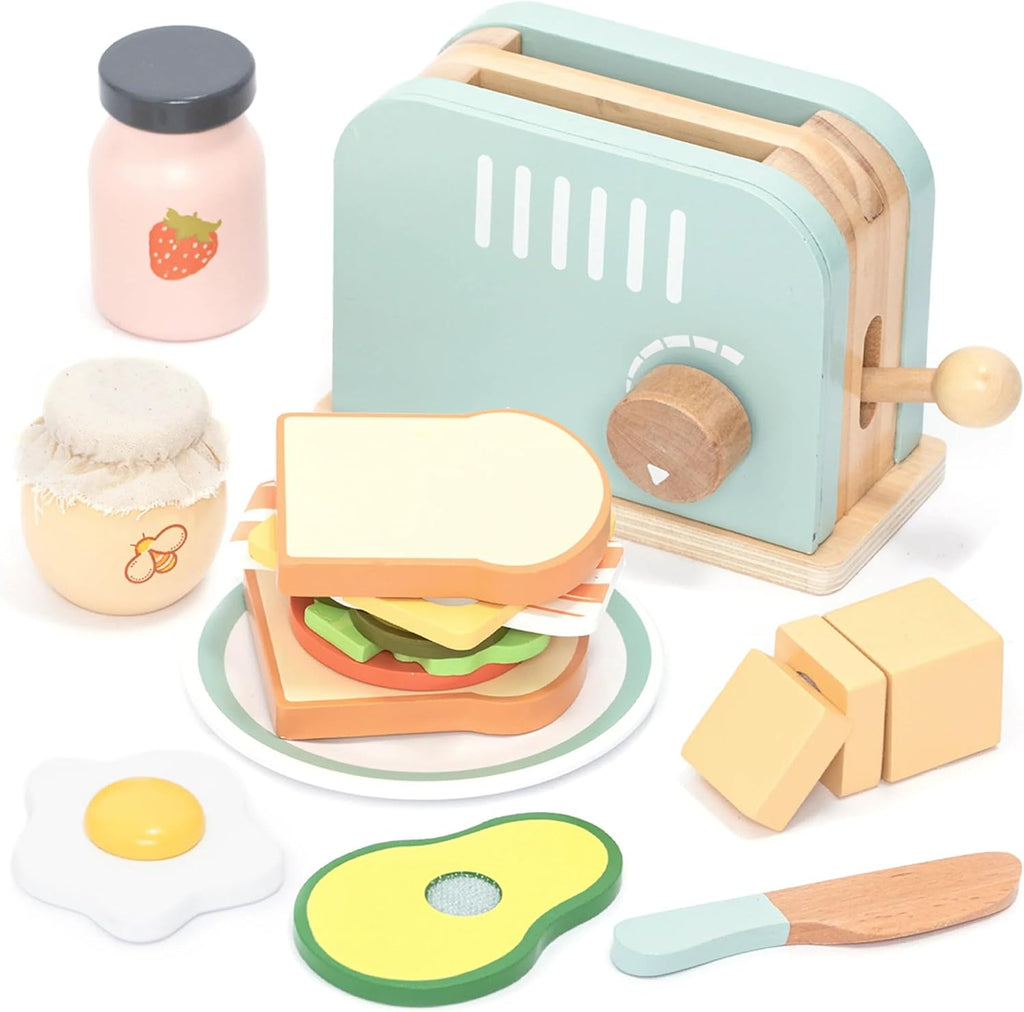 UMU® Tostadora de madera y juego de sándwiches – Incluye tostadora emergente, mantequilla rebanable, accesorios de cocina y más – Juguete de simulación para niños de 3 4 5 6 años