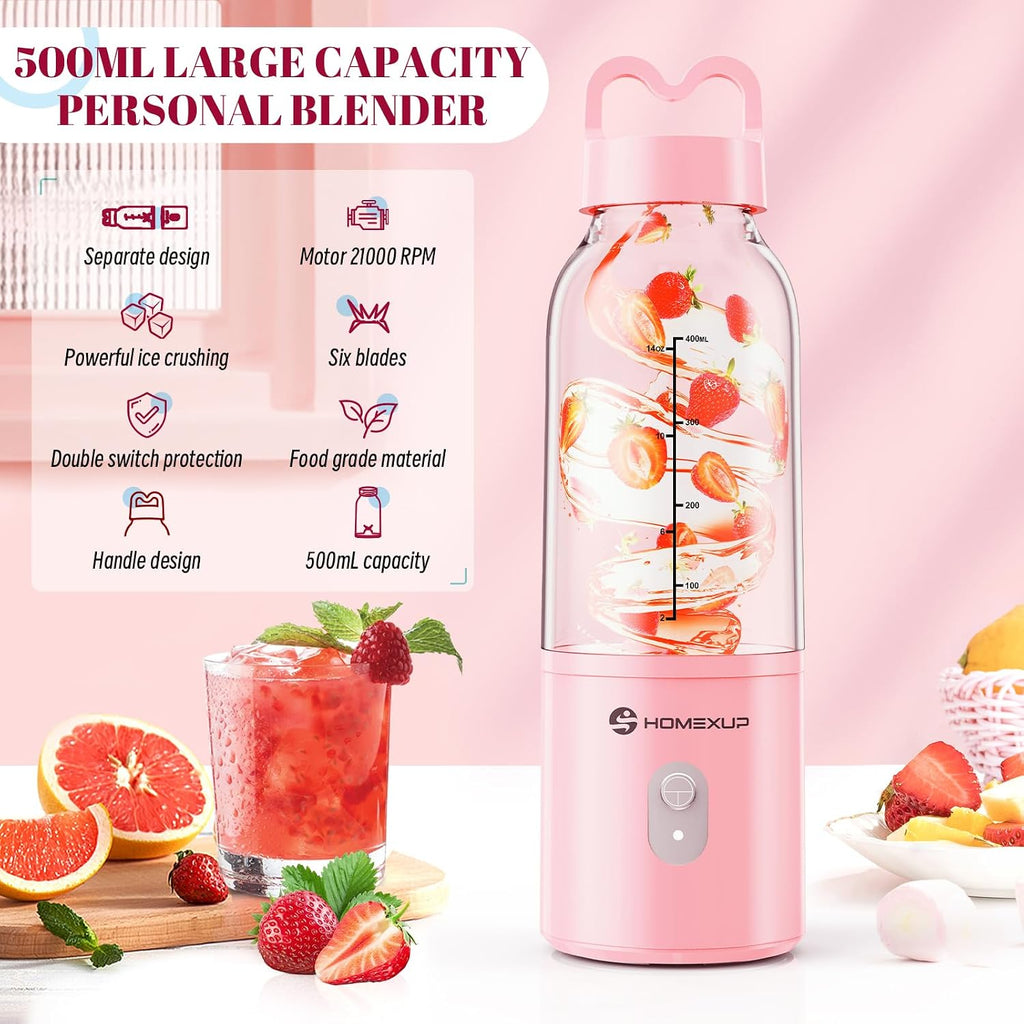 Licuadora Personal Portátil 17 OZ/500 ML Exprimidor, Licuadora de Tamaño Personal de 175W, Ideal para Batidos, Mezcla de Hielo, Preparación de Jugos y Procesamiento de Alimentos, Compacta, Conveniente