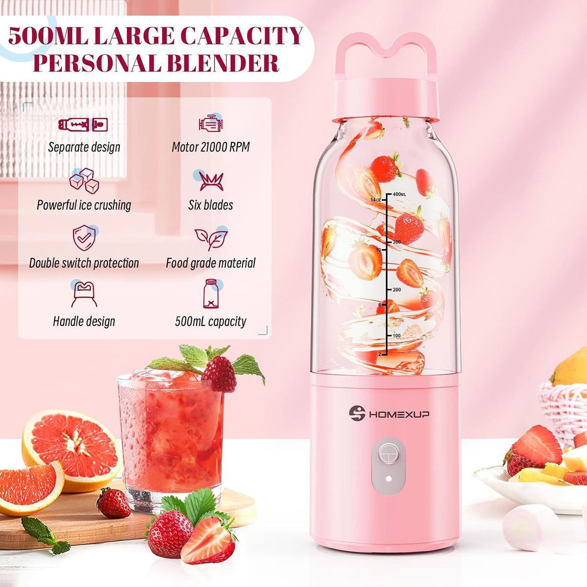 Licuadora Personal Portátil 17 OZ/500 ML Exprimidor, Licuadora de Tamaño Personal de 175W, Ideal para Batidos, Mezcla de Hielo, Preparación de Jugos y Procesamiento de Alimentos, Compacta, Conveniente