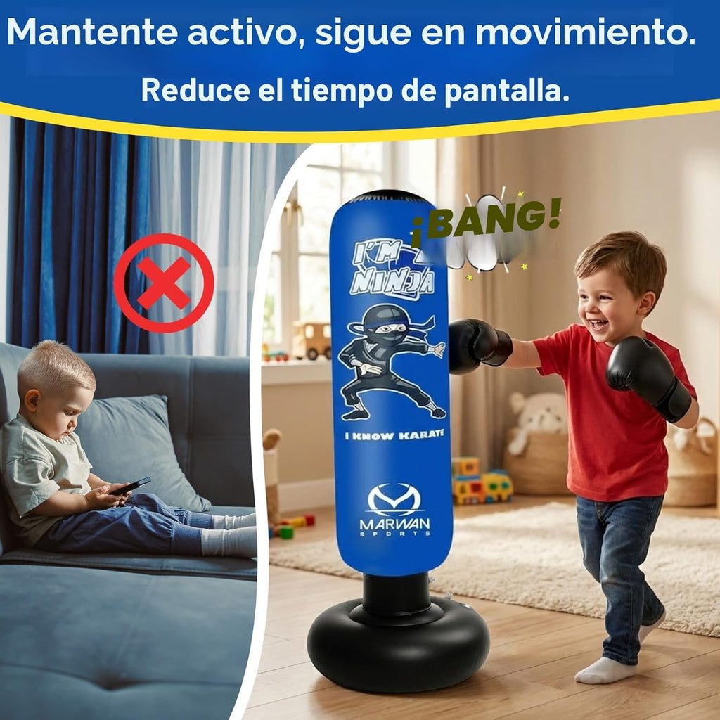 Ninja - Saco de boxeo para niños, juguete sensorial inflable y regalo de cumpleaños para niños y niñas de 4 a 12 años, kit independiente 5 en 1 de 63 pulgadas, para apartamentos