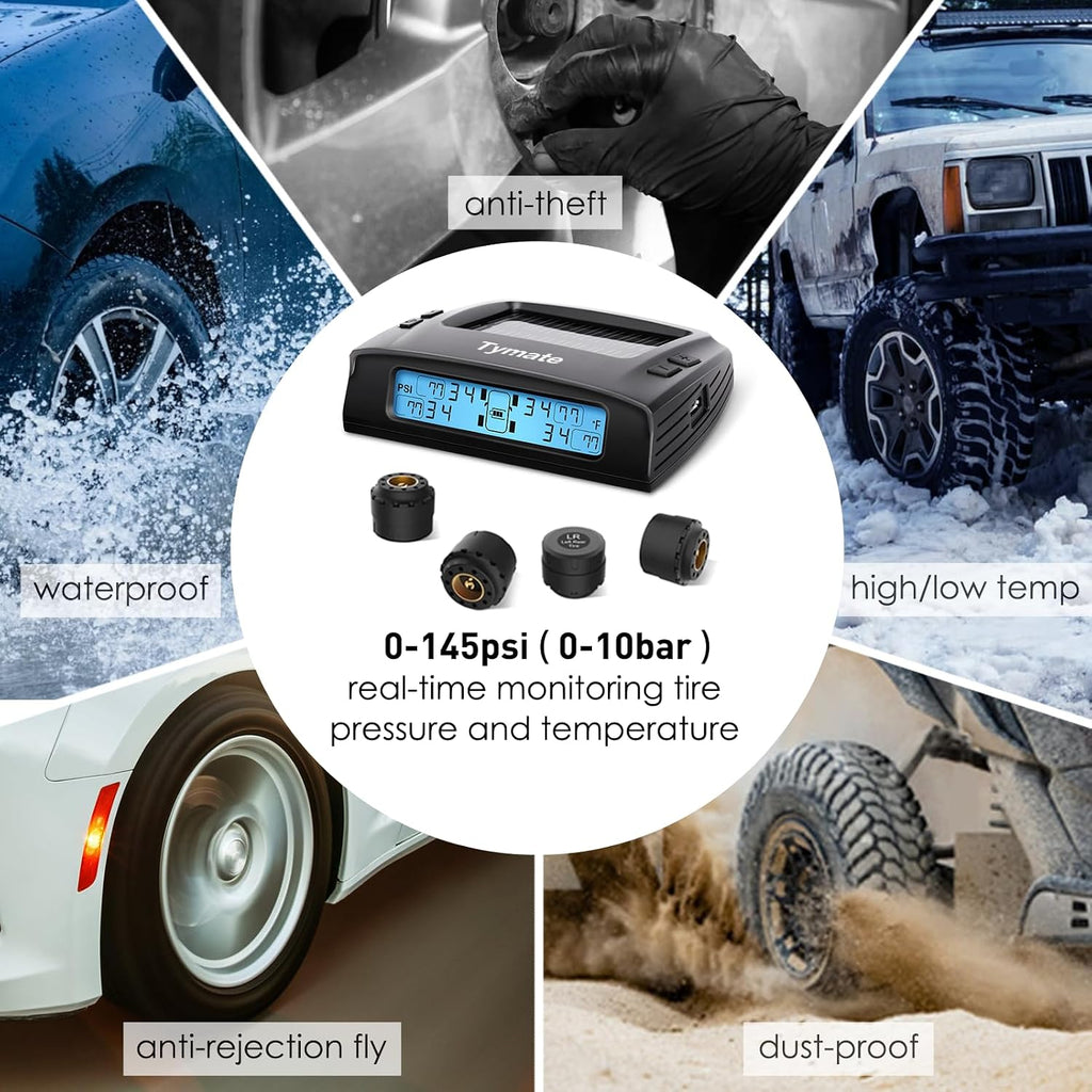 Sistema Tymate de monitoreo de presión de neumáticos para RV - Sistema de monitor de presión de neumáticos M7-3 TPMS (0-87 PSI) con cargador solar, TPMS para RV con 4 sensores y 5 modos de alarma