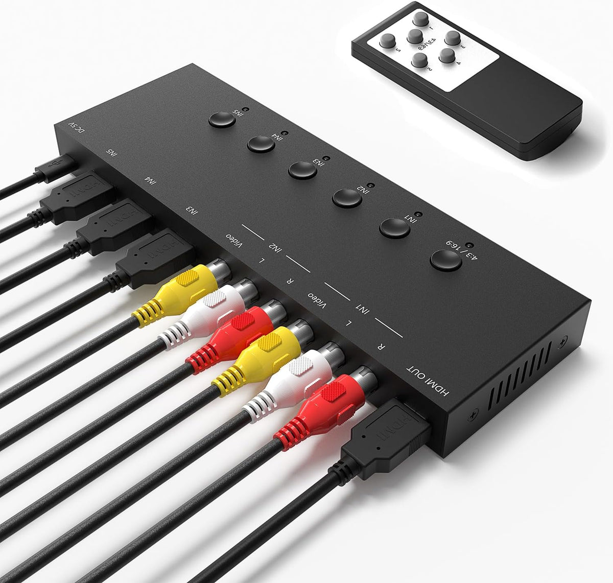 Interruptor HDMI/AV de 5 pulgadas a 1 salida (2 entradas AV+3 entradas HDMI 2.0) convertidor RCA a HDMI para PS1/2/3/4/5, N64, SNES, Switch, DVD, Roku, etc.