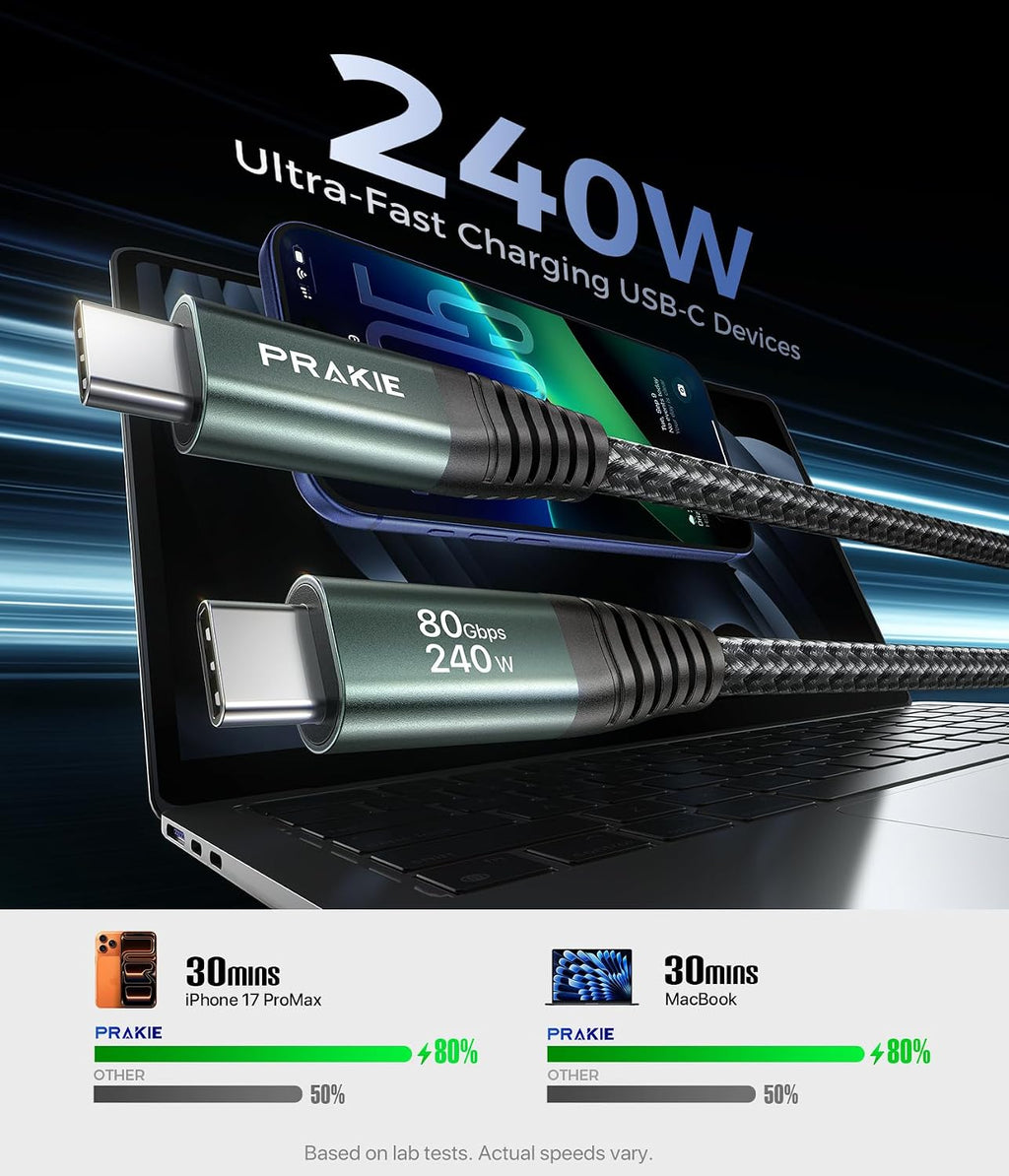 Cable de carga USB-C de 240 W de 3.3 pies, cable de datos USB C de 80 Gbps