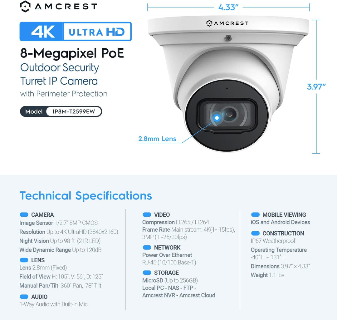 Sistema de Cámara de Seguridad 4K POE Amcrest con NVR PoE 4K de 8 C...