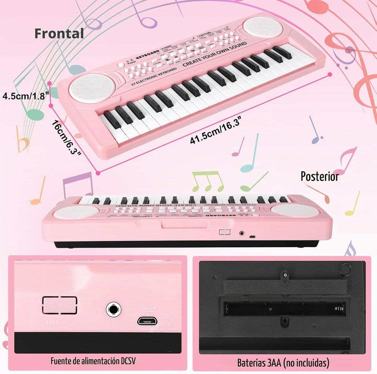 Teclado de piano de juguete para niños, 37 teclas, pianos musicales, juguetes con micrófono