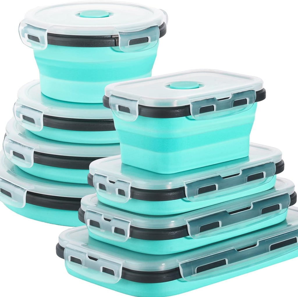 Sudaya Paquete de 8 recipientes plegables de almacenamiento de alimentos con tapas, juegos de recipientes de almacenamiento plegables de silicona para camping, accesorios de caravana, remolque de viaje imprescindible
