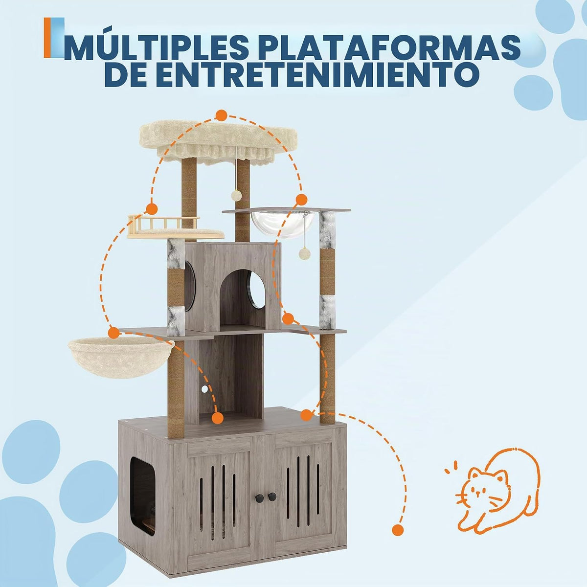 Árbol para gatos con caja de arena, torre para gatos de varios niveles con muebles ocultos, percha superior de felpa grande, postes rascadores de sisal, condominio para gatos y hamaca para gatos de