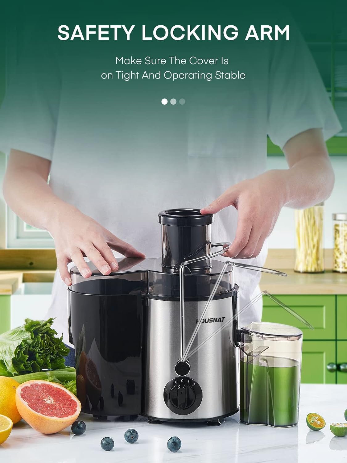 HOUSNAT Exprimidor para frutas y verduras enteras, ajuste de 3 velocidades