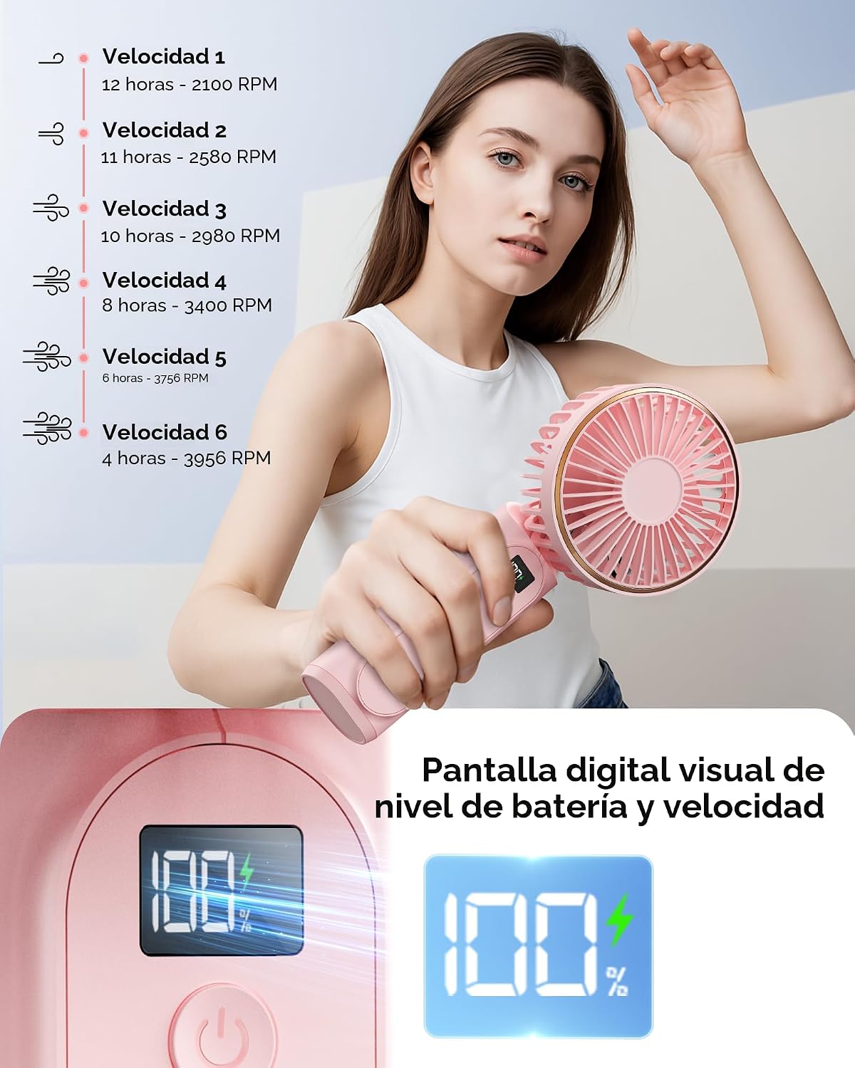 TUNISE Ventilador de Mano Portátil, 4000mAh, 180 Ajustable, 6 Veloc...