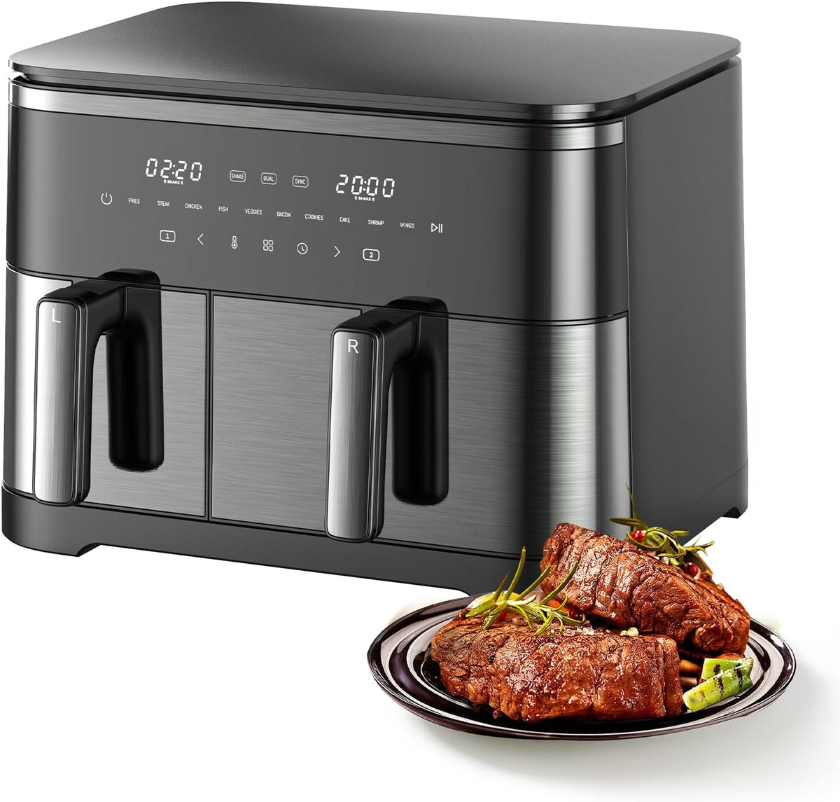 Freidora de aire grande de 12 cuartos con cesta doble (4 QT+8 QT), pantalla táctil digital 13 en 1 con 50 revestimientos de papel, sincronización y funciones duales, horneado, asado