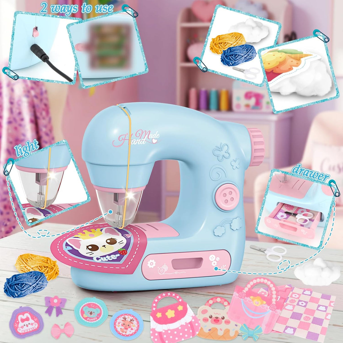 deAO Mini máquina de coser para niños, juego de arte y manualidades, kit de