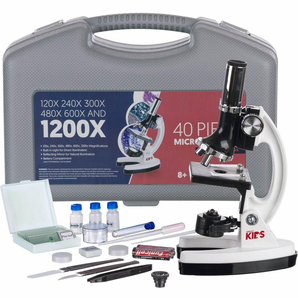 Amscope M30-ABS-KT1-W microscopio educativo para niños, base y brazo de metal, objetivos de 120X, 240X, 300X, 480X, 600X, 1200X, 48 piezas