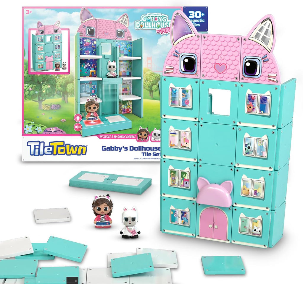 Tile Town Gabby's Dollhouse - Juego de 35 piezas de azulejos magnéticos interactivos, incluye figuras de patas Gabby y Pandy, azulejos de acción