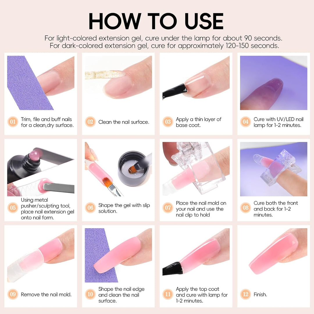 PEACECOLOR Kit de uñas de polygel de 24 piezas con luz UV, 6 colore...