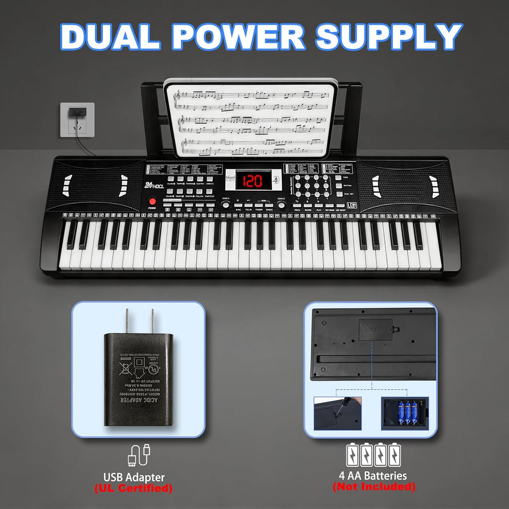 Piano de teclado para niños, piano electrónico de 61 teclas (negro)