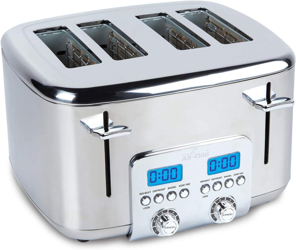 All-Clad Tostadora eléctrica de acero inoxidable, 4 rebanadas, pantalla LED, bandeja extraíble para migas, almacenamiento interno del cable, 6 niveles de tostado, ranuras anchas y autocentrantes