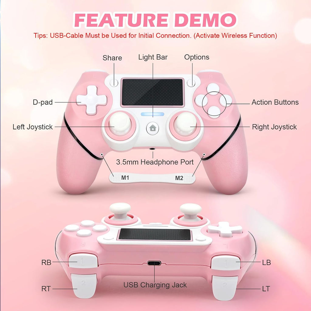Paquete de 2 controles para PS4 con tapones para joysticks, control inalámbrico con botones traseros programables para PS4/Pro/Slim/PC, batería de 1000mAh/vibración dual/joystick con efecto Hall/panel táctil/giroscopio de 6 ejes/entrada de 3.5 mm