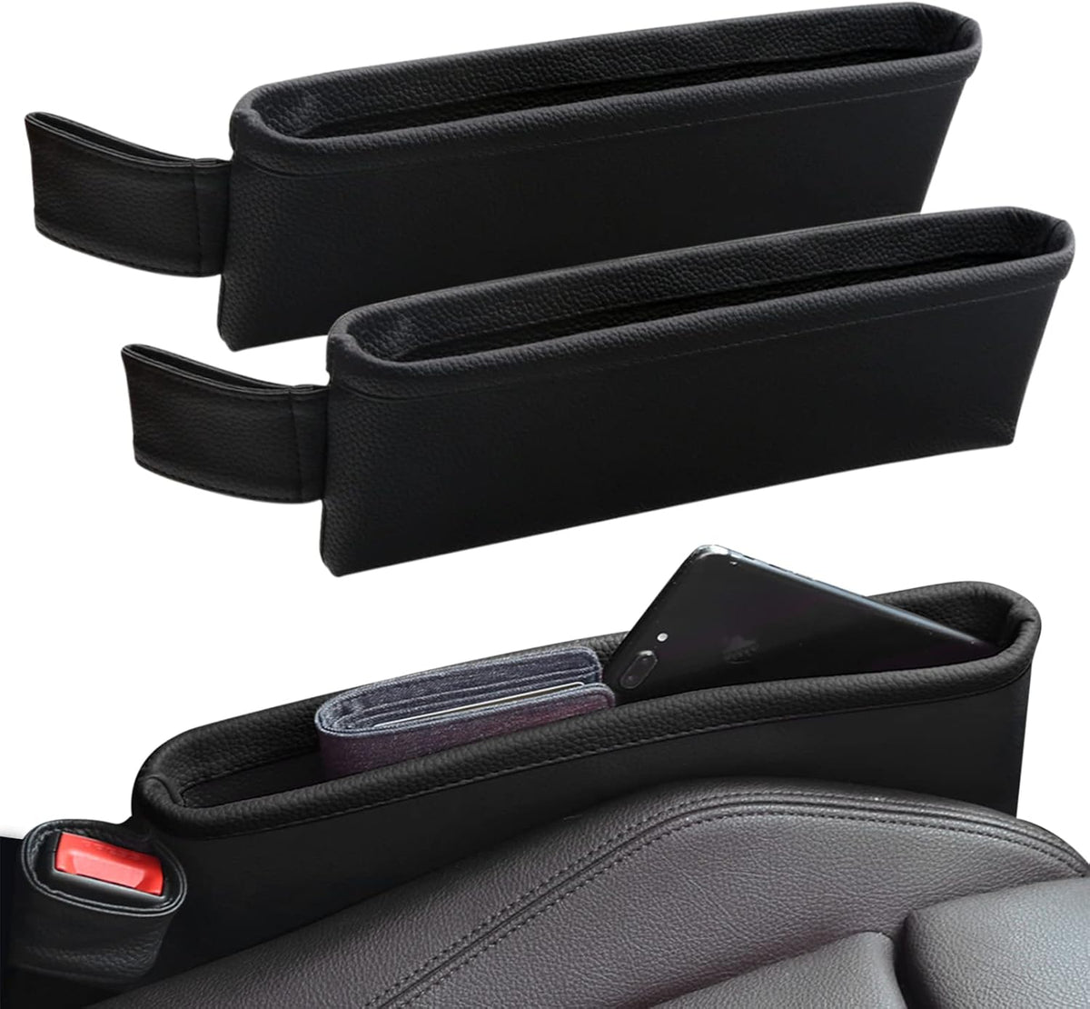 Paquete de 2 Organizadores Rellenadores de Espacios de Asiento de Coche Actualizados, Caja de Almacenamiento de Consola de Cuero, Bolsillo Lateral Delantero, Organizadores de Asientos con