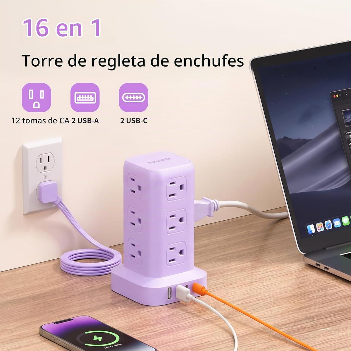 SMALLRT - Cable de extensión con múltiples tomas, torre de regleta de alimentación SMALLRT con 12 salidas de CA, 4 USB, cable de extensión de 6.5 pies para el hogar, dormitorio, suministros de oficina