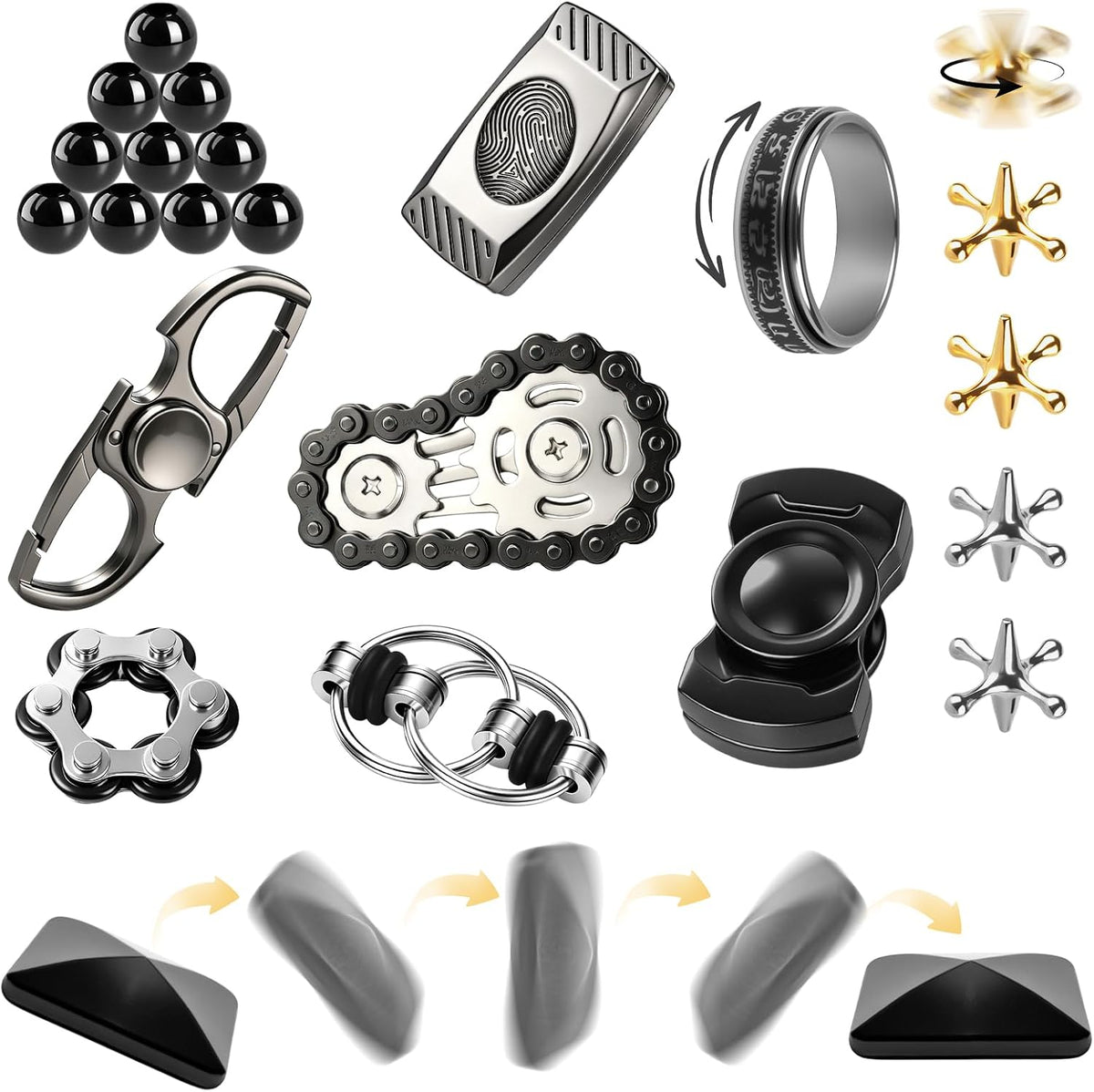 Juego de 10 juguetes antiestrés EDC de metal de alta calidad, silenciosos para adultos, juguetes sensoriales para aliviar el estrés para TDAH TOC, deslizadores de metal resistentes, juguetes
