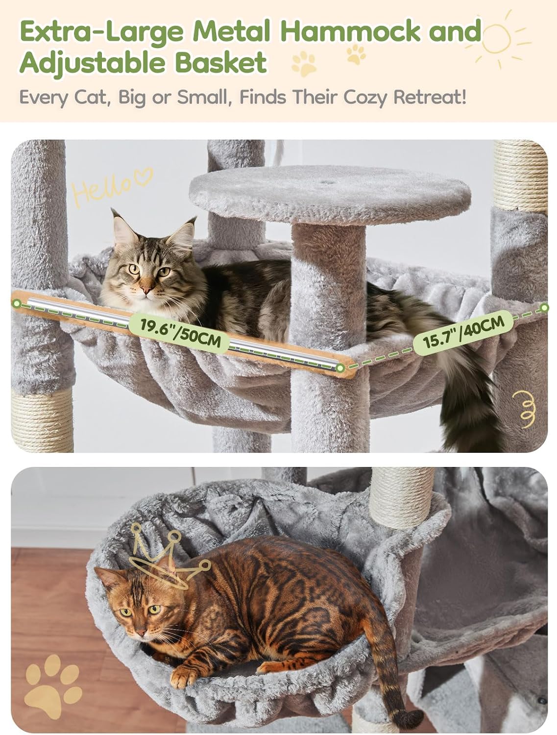 Taoqimiao Árbol para Gatos Alto, 76In Torre para Gatos Grandes, 3 Plataformas Acolchadas