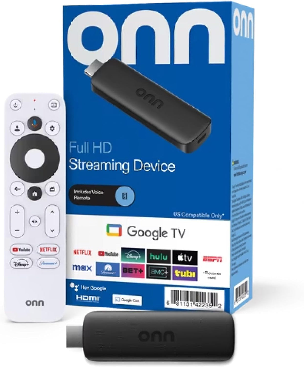 ONN Android TV 2K FHD Streaming Stick con control remoto y adaptador de corriente WiFi HDMI Chromecast incorporado