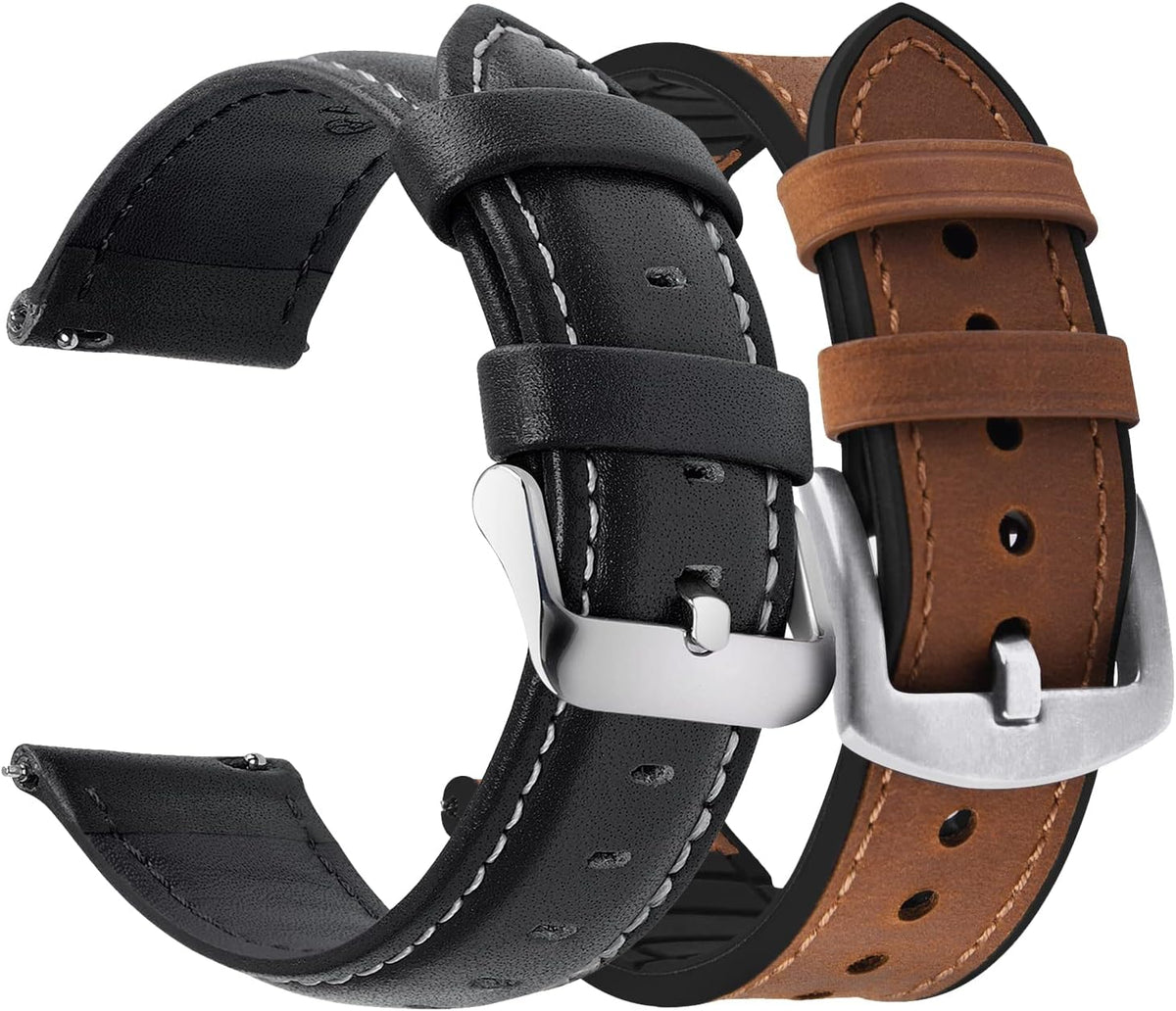 Fullmosa Correa de reloj de cuero de liberación rápida de 0.787 in, correa de reloj de cuero y silicona de 0.787 in, hebilla marrón+negra, Classic