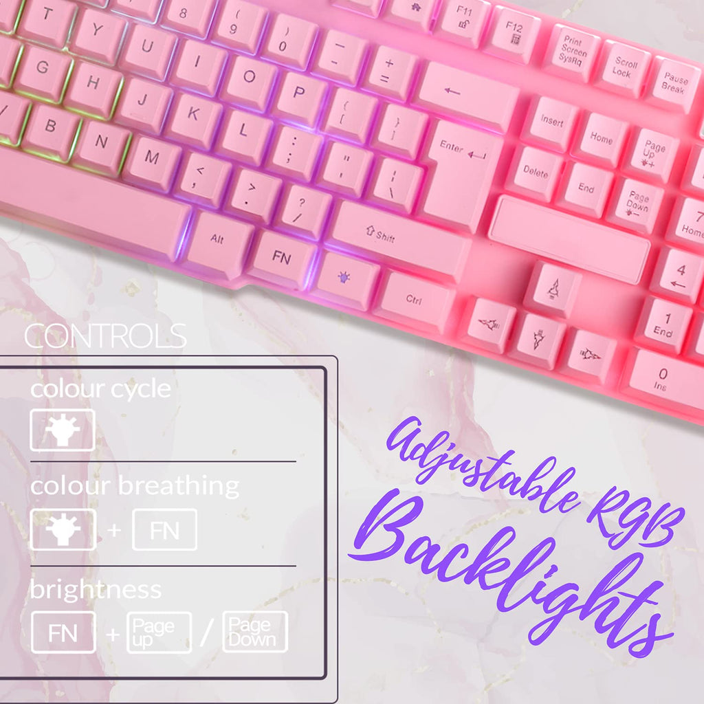 Teclado Gaming rosa y conjunto de auriculares y ratón y alfombrilla, con cable y retroiluminación LED RGB - 4 en 1 edici f3n Hornet RX-250 para usuarios de PC, Xbox, PS4, PS5 y Nintendo Switch