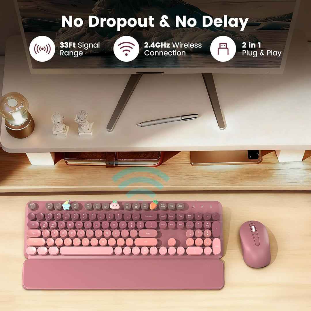 Combo de teclado y mouse inalámbricos, bonito teclado retro con tec...
