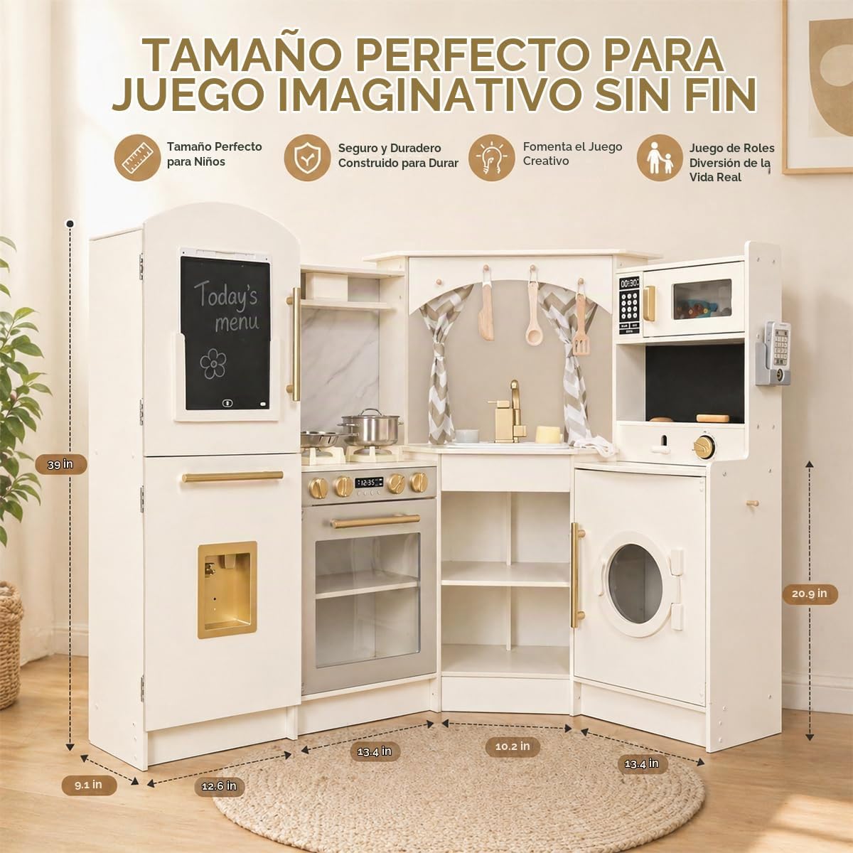 Conjuntos Grandes de Cocina de Madera de Esquina para Jugar con Máquina de Hielo, Dispensador de Agua, Panificadora, Lavadora, Pantalla Electrónica, Fregadero de Juguete con Agua Corriente, Estufa con