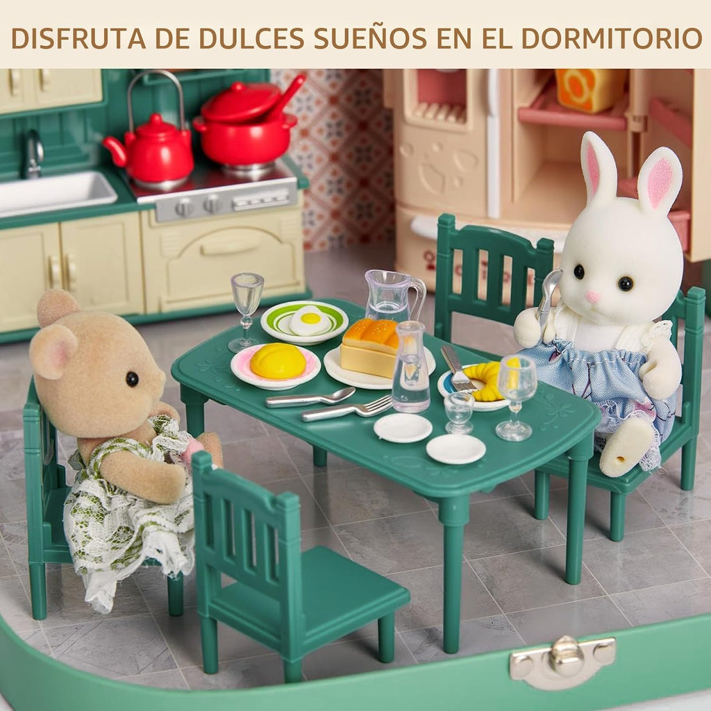 Juego de maletas de muebles de cocina para niños, 2 muñecas flexibles, mesa de comedor, utensilios de cocina, vajilla, refrigerador, pan, accesorios de casa de muñecas para juegos de simulación, regalo de Navidad y cumpleaños para niñas a partir de 3 años