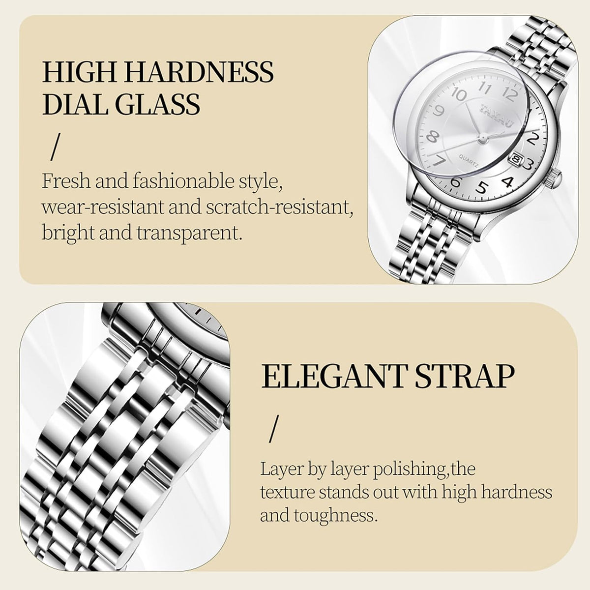 Reloj de Mujer Elegante Analógico a Cuarzo con Carga de Fecha, Números Arábigos Grandes, Impermeable, Dos Tonos, Acero Inoxidable, Pequeño, Reloj de Muñeca