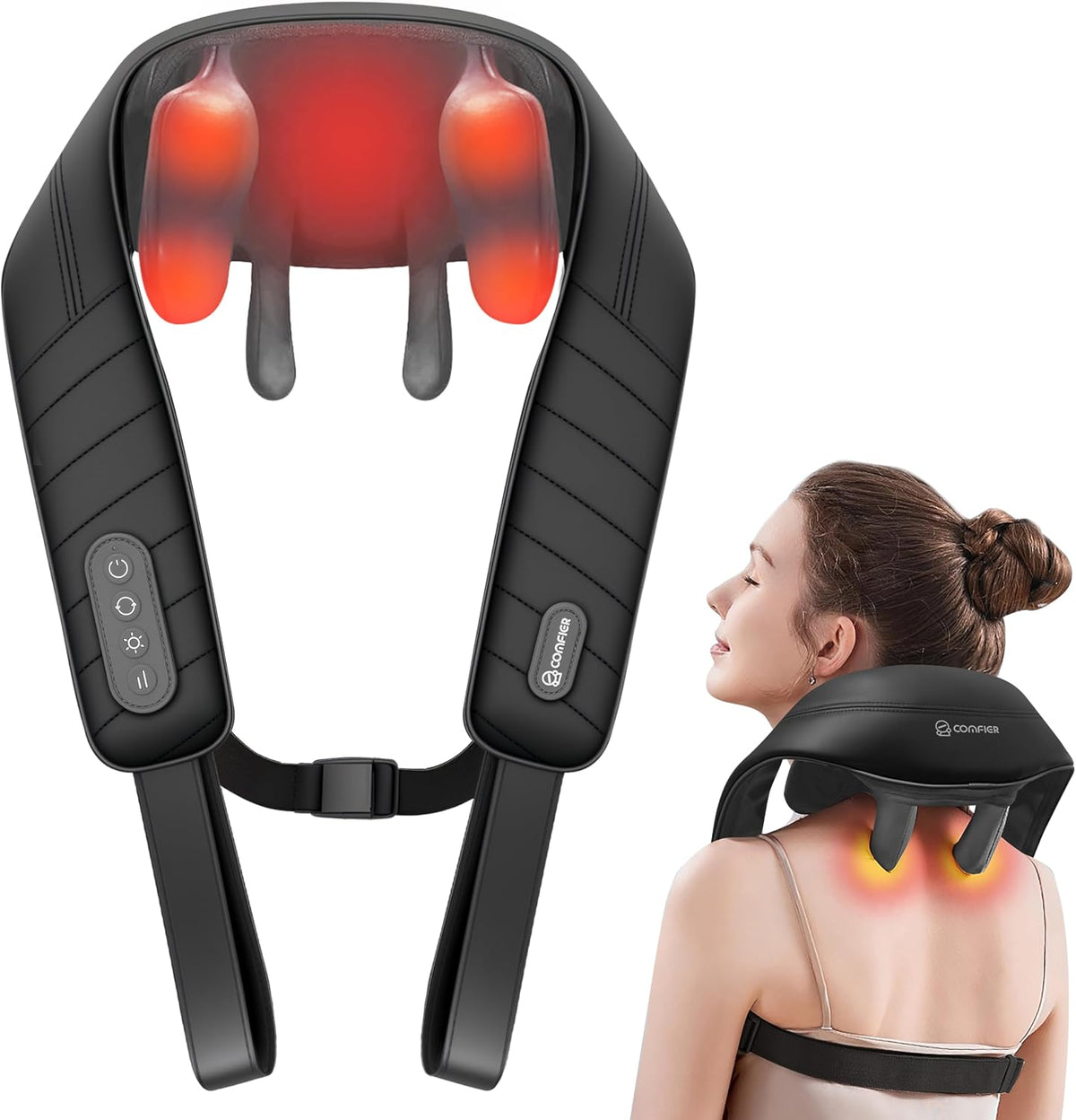 COMFIER Masajeador inalámbrico de cuello y hombros con calor, amasado de tejido profundo Shiatsu 4D para trabajadores de escritorio y conductores, correas manos libres, regalo HSA elegible para la FSA, color negro medianoche