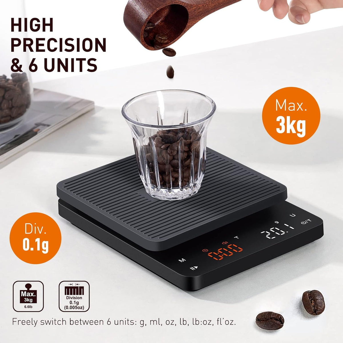 Báscula de café BAGAIL con temporizador, precisión de 0.004 oz/6.6 lbs