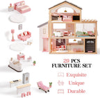 ROBUD Casa de Muñecas, Casa de Muñecas de Madera con 6 Habitaciones, Set de Muebles de 29 Piezas, Ascensor Funcional, Garaje, Piscina, Regalo Ideal para Niños de 3+ Años (Negro)