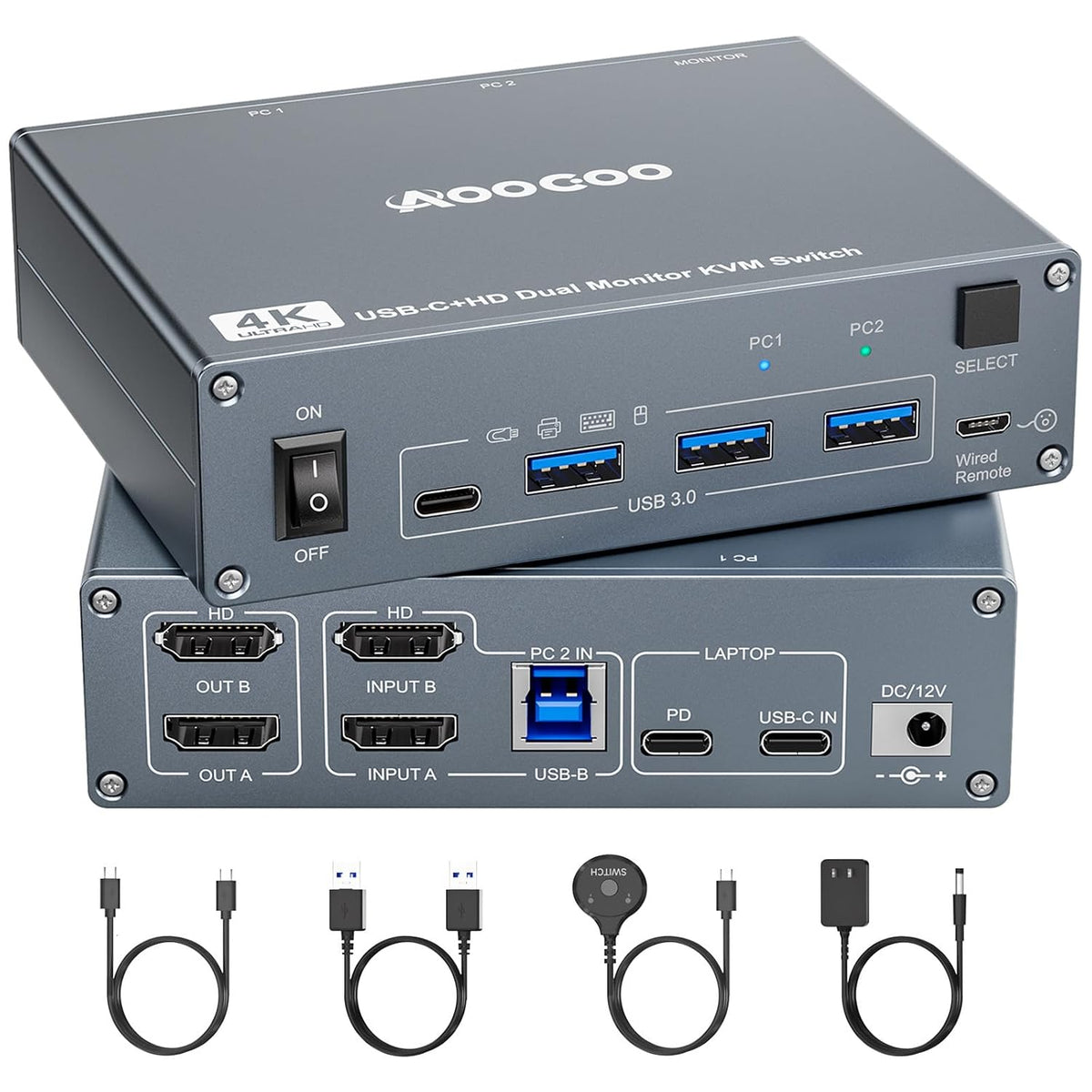Conmutador KVM USB C HDMI 2 computadoras 2 monitores 4K a 60Hz para 1 PC y 1 portátil compartido, 2 monitores y 4 dispositivos USB3.0, alimentación PD para portátil con control remoto con cable y