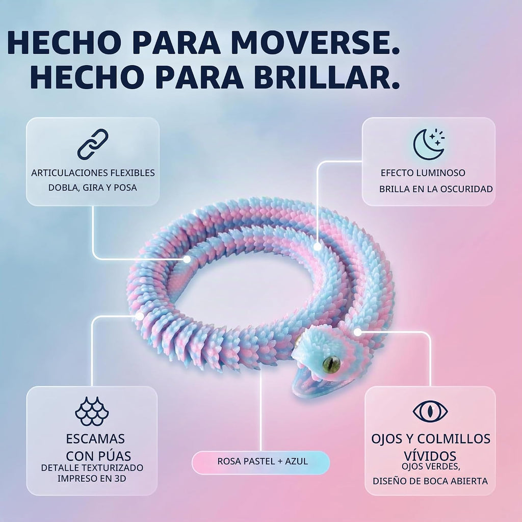 Modelo de serpiente impreso en 3D de gran tamaño de 35.5 pulgadas con dientes móviles (arcoíris)