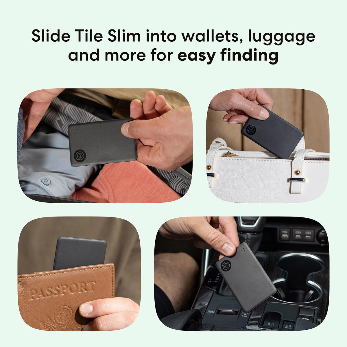 Life360 Tile Slim Bundle - Buscador de billeteras, rastreador Bluetooth y localizador de artículos para etiquetas de equipaje, pasaportes y más. Compatible con iOS y Android. Buscador de teléfonos. Paquete de 4 (negro)