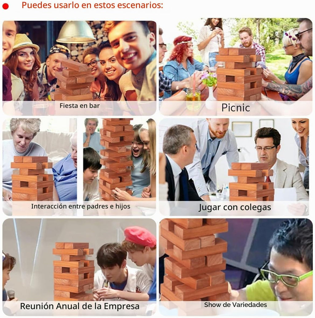 Nattork Torre gigante (pila de 1.77 pies a 4 + pies), juego de bloques gigantes apilables de madera | Hecho de madera de pino de alta calidad | Ideal para la familia, 54 unidades, marrón