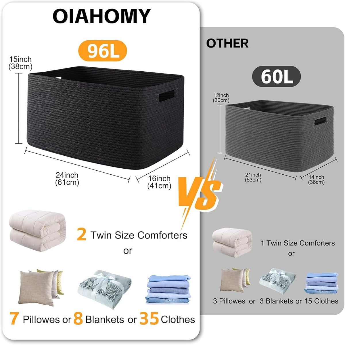 OIAHOMY Cesta rectangular XXL para manta, 96 litros, cesta tejida de algodón para almacenamiento, cestas de ropa sucia para sala de estar, guardería, dormitorio, organización de juguetes con asa, 24 x