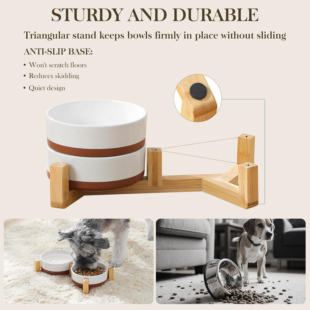 MALACASA Cuencos de cerámica para perros de tamaño pequeño con soporte de madera, cuencos de cerámica para cachorros de 1.5 tazas para gatos y perros pequeños, cuencos dobles para alimentos y agua con base antideslizante pesada, esmalte mate, 14 onzas