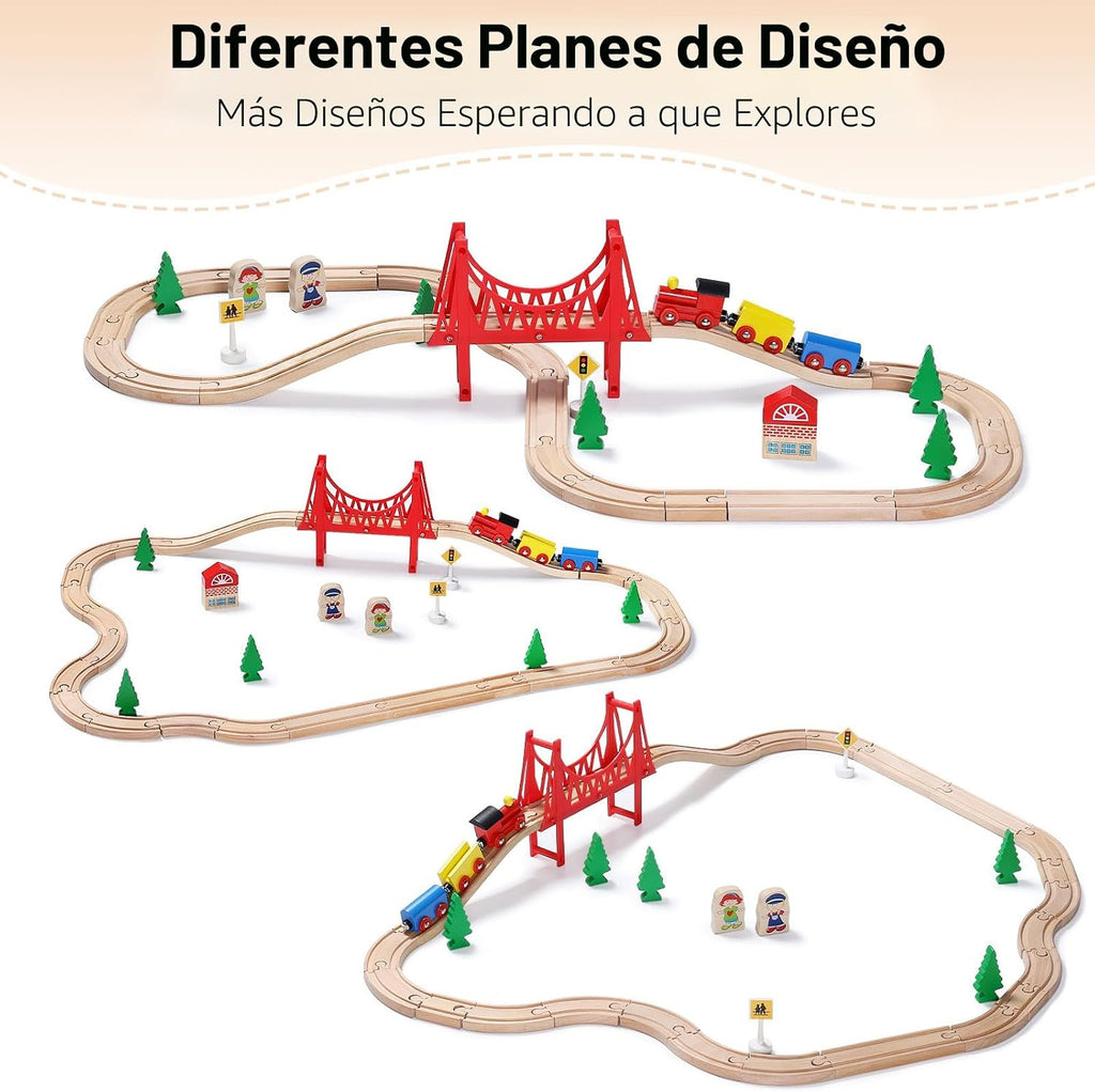 SainSmart Jr. Juego de Tren de Madera para Niños Pequeños - Vías de Madera de Doble Cara Compatible con Brio, Thomas, Melissa y Doug - Expandible, Cambiable - Tren de Juguete de Madera para Niños de 3
