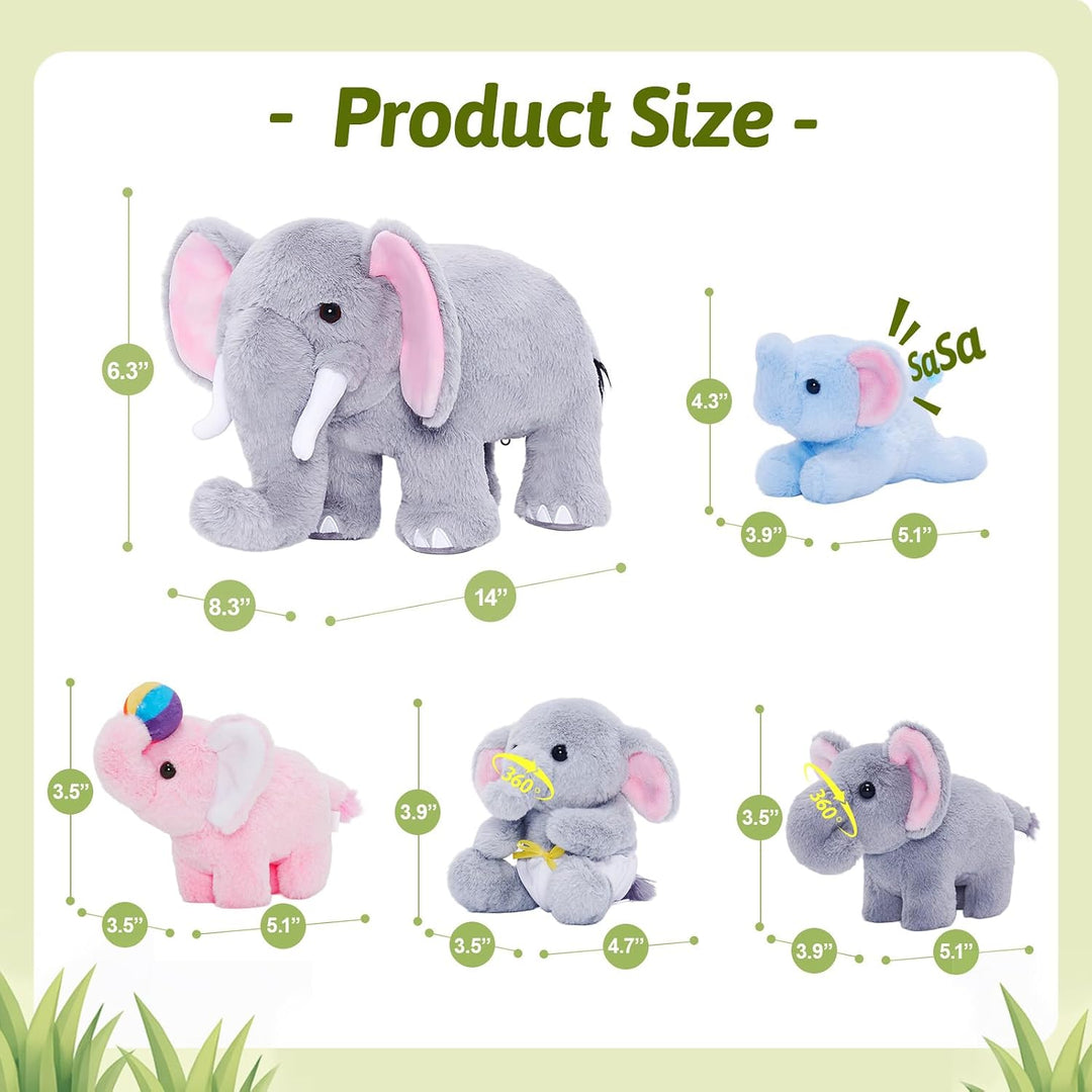 OUOZZZ Animal de peluche de elefante con 4 elefantes bebés, juego d...